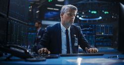 Portrait of a Man Working on the Floor in a Modern Stock Exchange Firm: Specialist Monitoring Listed Companies and Funds, Unit Trusts, Derivatives