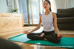 Healthy young woman meditating in lotus pose at home 5zR2n5
