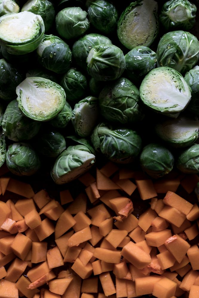 Braised brussels sprouts and pumpkin with quinoa