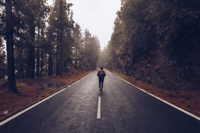 Traveler walking on empty road in woods