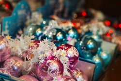 Christmas baubles for sale in market in Strasbourg, France
