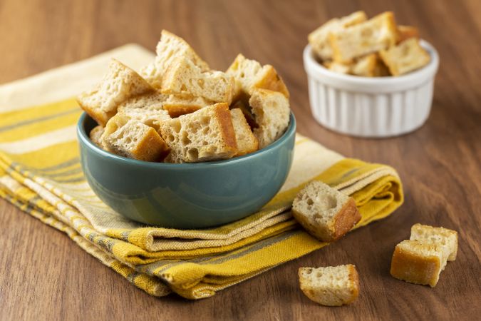 Delicious crunchy croutons on the table.