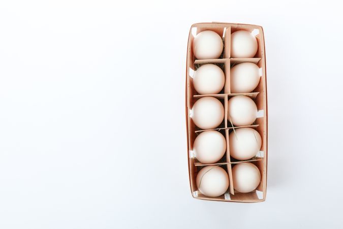 chicken eggs in carton box isolated on plain background, top view