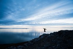 Happy man jumping on rocky coastline