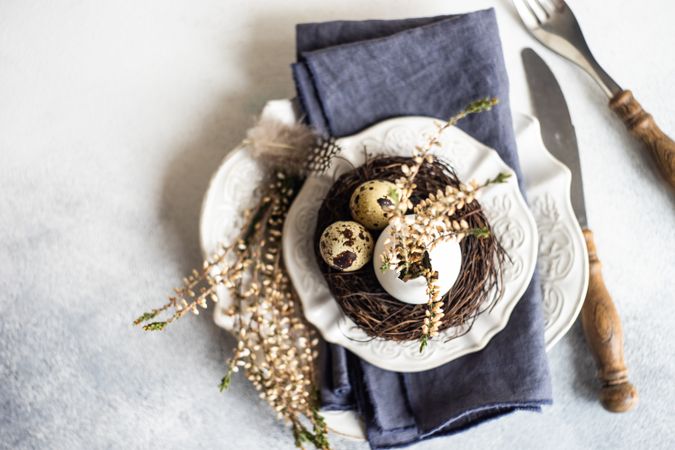 Top view of speckled eggs in decorative nest on plate with copy space