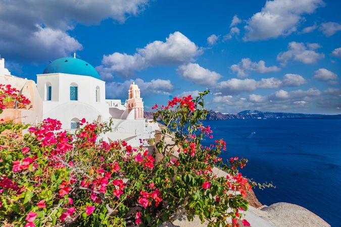 Pink flowers in front of a dome in Greece