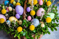 Top view of Easter card concept with fresh basket of greenery with colorful decorative eggs
