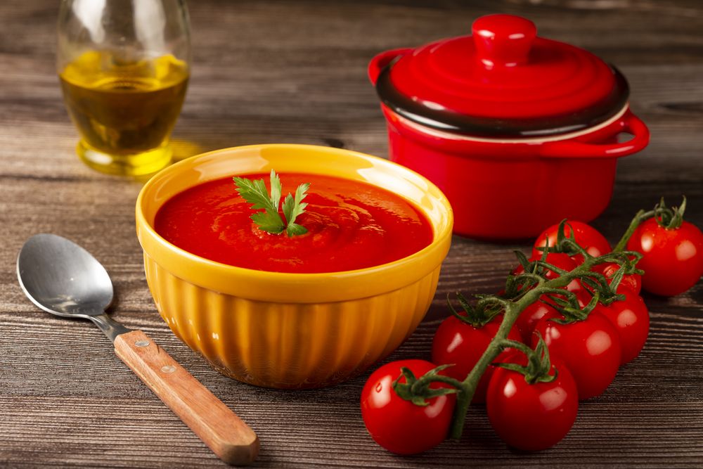 Delicious homemade tomato soup in bowl.