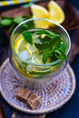 Top of gin and tonic cocktail with lemon and mint
