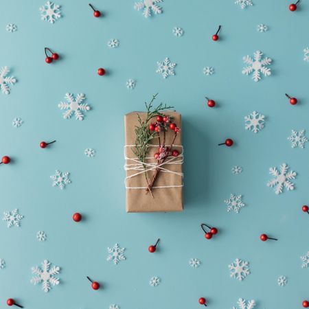 Christmas pattern made of snowflakes and red berries with brown present on blue background