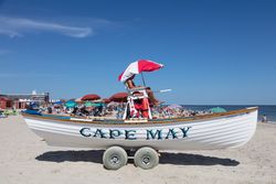 Lifeguards and lifeboat along the Jersey Shore in Cape May, New Jersey