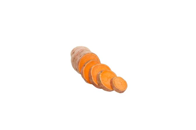 Sliced sweet potato root, isolated on blank background