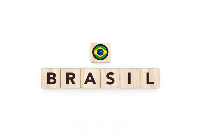 Wooden blocks bearing the name and flag of Brasil.
