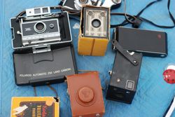 Vintage cameras on table