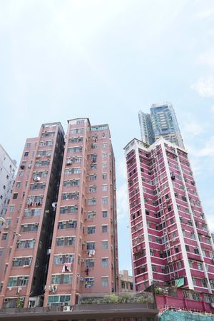 Two red buildings in Hong Kong