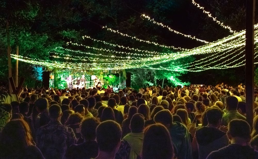 People listening concert on a summer night music festival in nature