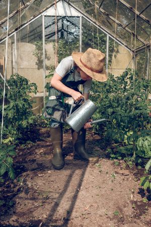 Preteen boy gardener watering plants in greenhouse in summer day