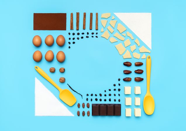Baking ingredients and utensils, flat lay