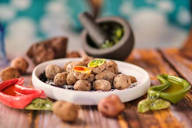 Boiled potatoes with various sauces