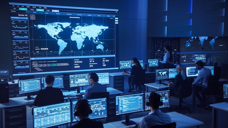 Diverse Team in a High-tech Command Center Analyzes Global Data on Multiple Screens, Ensuring Cybersecurity