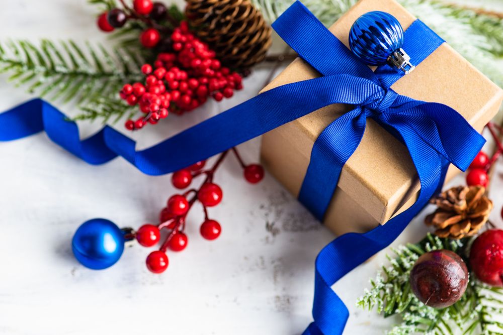 Top view of present wrapped in blue bow with holly and pine