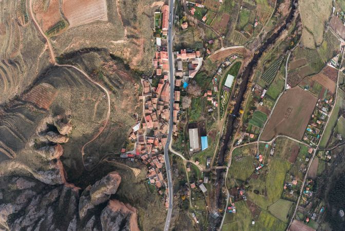 Idyllic rural town from above