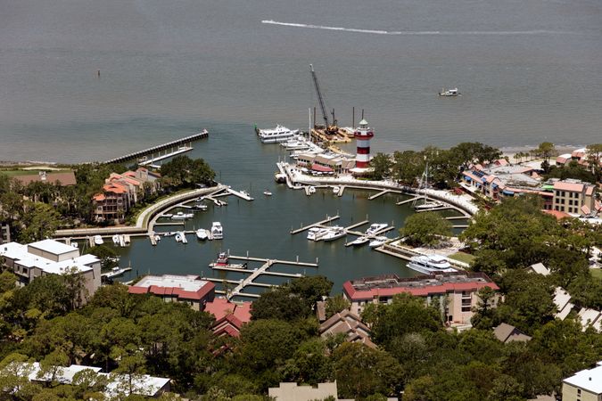 Aerial view of the marina and Harbour Town Lighthouse in Hilton Head Island, South Carolina