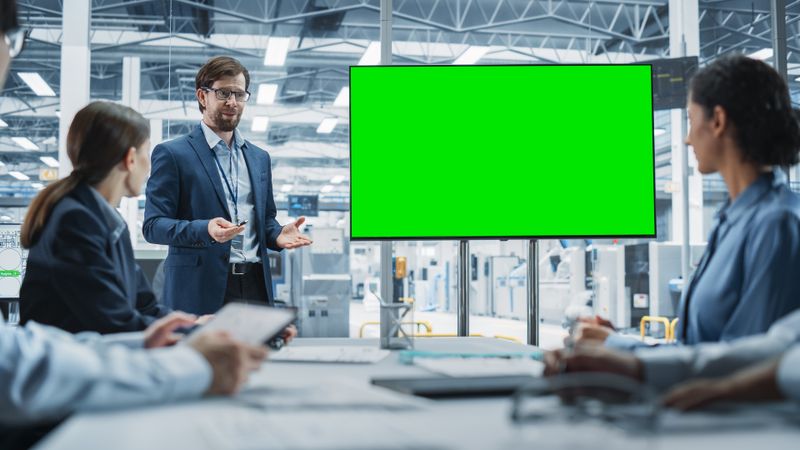 Electronics Factory Office Meeting: Male CEO Presenting Innovative High Tech Device On TV With Green Screen Chromakey.