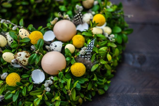 Close up of decorative Easter wreath with eggs and spring flowers
