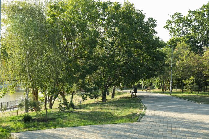 Beautiful city park in bright sunny morning