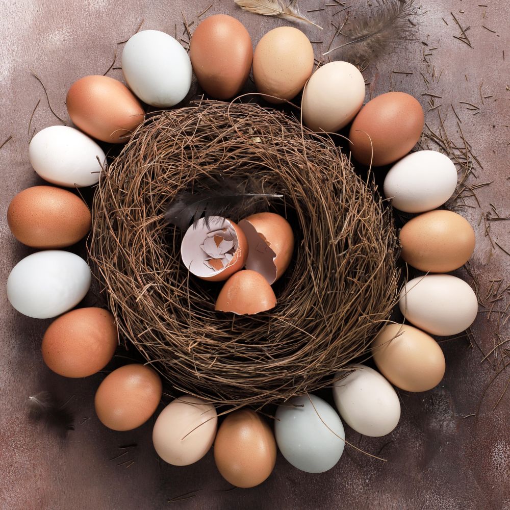 Various Color Raw Chicken and Duck Eggs on Bird Nest