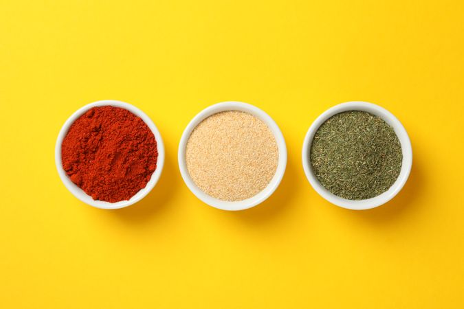 Three bowls of spice, top view