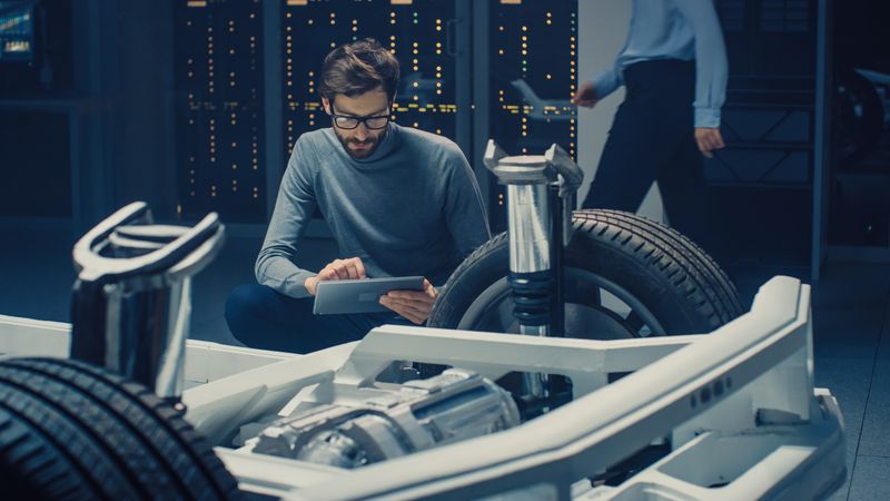 Automobile Design Engineer Sitting Beside Hybrid Electric Car Chassis Platform Prototype, Using Tablet Computer for Design Enhancement