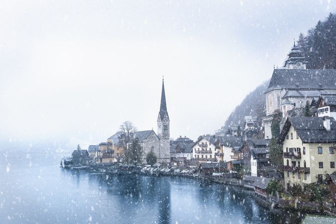 Beautiful village of Hallstatt and a lake on a snowy day