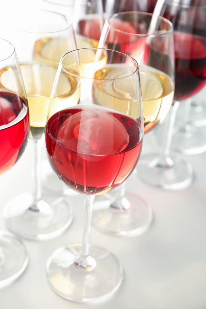 Glasses with different wine on plain background, close up