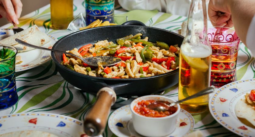 Pan with mexican food on a table
