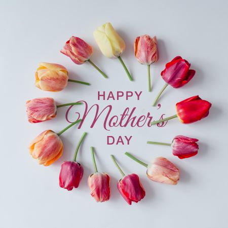 Circle of tulips on light background with “Happy Mother’s Day” text