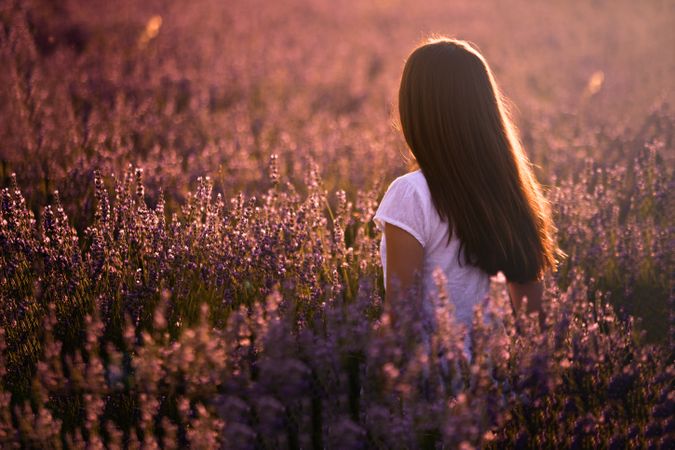 Woman in blooming field during sunset