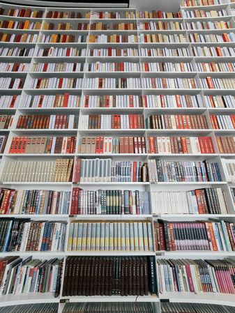 Worm view of library stacked with books