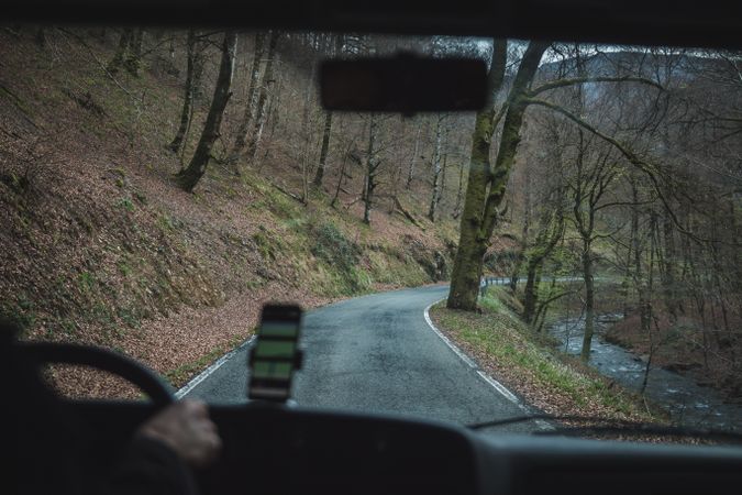 View of inside car empty road in countryside
