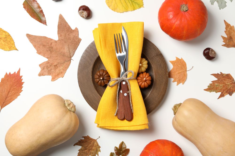 Concept of Thanksgiving day, Autumn table setting, top view