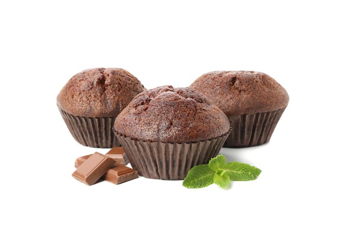 Delicious chocolate and muffins isolated on blank background
