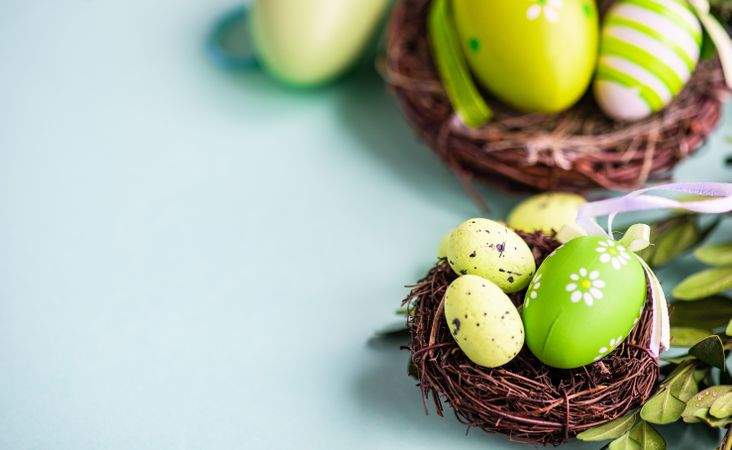Easter card concept with green decorative Easter eggs in delicate nests
