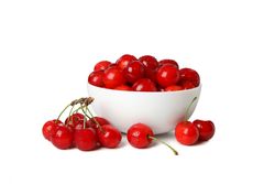 Bowl with fresh red cherry isolated on plain background