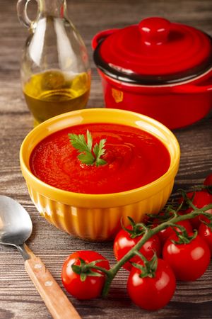 Delicious homemade tomato soup in bowl.