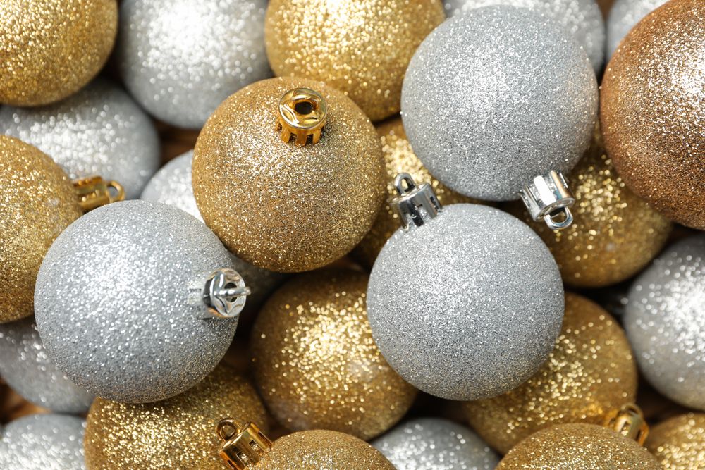 Christmas balls on whole background, close up