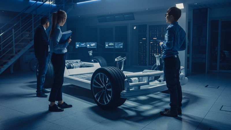Automobile Engineers Working on Electric Car Platform Chassis, Using Tablet Computers with CAD Software for 3D Concept