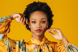 Beautiful Black female model holding her hands to either side of her face