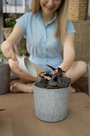 A cheerful woman transplants a plant