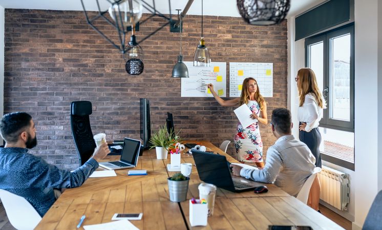 Female manager in a work meeting with her workers